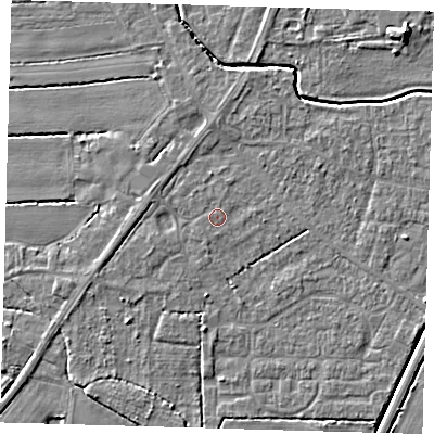 Shaded relief map of the ground around PE217DP, computed from Environment Agency LiDAR. The ground here sits at about 3 m above sea level and falls 5 m across the surrounding 800 m. Surface water reaching this point runs off ground lying to the south, 0.7 m higher.