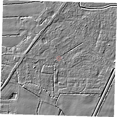 Shaded relief map of the ground around PE217DQ, computed from Environment Agency LiDAR. The ground here sits at about 3 m above sea level and falls 4 m across the surrounding 800 m. Surface water reaching this point runs off ground lying to the west, 1.6 m higher.