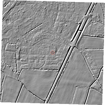 Shaded relief map of the ground around PE217DW, computed from Environment Agency LiDAR. The ground here sits at about 3 m above sea level and falls 4 m across the surrounding 800 m. Surface water reaching this point runs off ground lying to the south-west, 2.9 m higher.