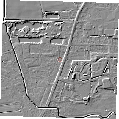Shaded relief map of the ground around PE217EB, computed from Environment Agency LiDAR. The ground here sits at about 2 m above sea level and falls 6 m across the surrounding 800 m. Surface water reaching this point runs off ground lying to the south-south-west, 1.6 m higher.