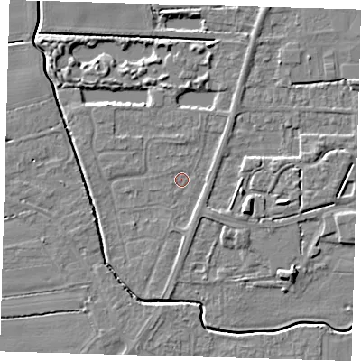 Shaded relief map of the ground around PE217ED, computed from Environment Agency LiDAR. The ground here sits at about 2 m above sea level and falls 6 m across the surrounding 800 m. Surface water reaching this point runs off ground lying to the south, 1.6 m higher.