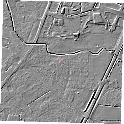 Shaded relief map of the ground around PE217EE, computed from Environment Agency LiDAR. The ground here sits at about 3 m above sea level and falls 6 m across the surrounding 800 m. Surface water reaching this point runs off ground lying to the west-north-west, 1.0 m higher.