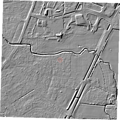 Shaded relief map of the ground around PE217EF, computed from Environment Agency LiDAR. The ground here sits at about 3 m above sea level and falls 6 m across the surrounding 800 m. Surface water reaching this point runs off ground lying to the west-south-west, 0.8 m higher.