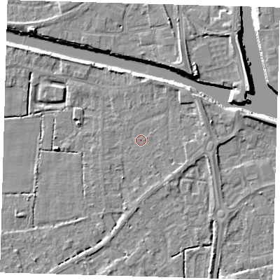 Shaded relief map of the ground around PE217EJ, computed from Environment Agency LiDAR. The ground here sits at about 3 m above sea level and falls 7 m across the surrounding 800 m. Surface water reaching this point runs off ground lying to the east-south-east, 1.2 m higher.