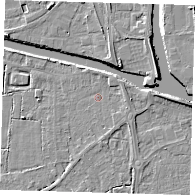 Shaded relief map of the ground around PE217EL, computed from Environment Agency LiDAR. The ground here sits at about 3 m above sea level and falls 8 m across the surrounding 800 m. Surface water reaching this point runs off ground lying to the north-east, 2.4 m higher.