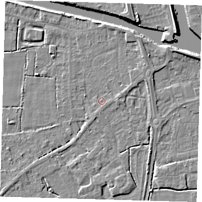 Shaded relief map of the ground around PE217EN, computed from Environment Agency LiDAR. The ground here sits at about 3 m above sea level and falls 7 m across the surrounding 800 m. Surface water reaching this point runs off ground lying to the south-east, 0.9 m higher.