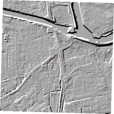 Shaded relief map of the ground around PE217EQ, computed from Environment Agency LiDAR. The ground here sits at about 3 m above sea level and falls 7 m across the surrounding 800 m. Surface water reaching this point runs off ground lying to the east-north-east, 2.5 m higher.