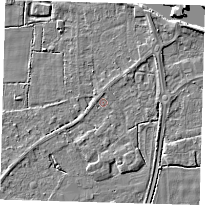 Shaded relief map of the ground around PE217ER, computed from Environment Agency LiDAR. The ground here sits at about 3 m above sea level and falls 7 m across the surrounding 800 m. Surface water reaching this point runs off ground lying to the south-south-west, 1.8 m higher.