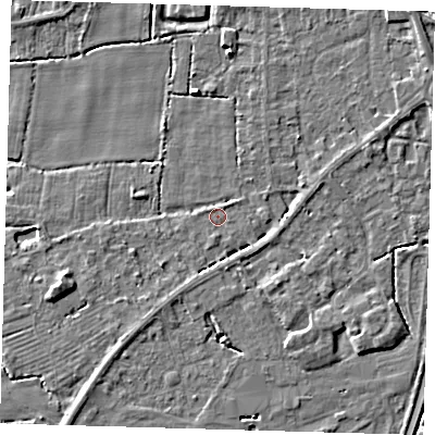 Shaded relief map of the ground around PE217ES, computed from Environment Agency LiDAR. The ground here sits at about 3 m above sea level and falls 5 m across the surrounding 800 m. Surface water reaching this point runs off ground lying to the south, 0.6 m higher.