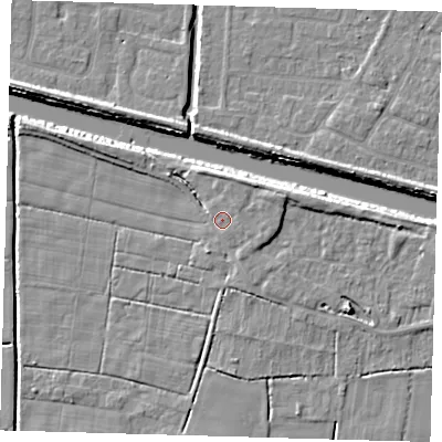 Shaded relief map of the ground around PE217ET, computed from Environment Agency LiDAR. The ground here sits at about 4 m above sea level and falls 6 m across the surrounding 800 m. Surface water reaching this point runs off ground lying to the north-east, 2.2 m higher.