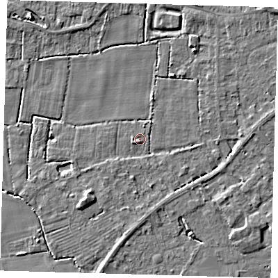 Shaded relief map of the ground around PE217EU, computed from Environment Agency LiDAR. The ground here sits at about 2 m above sea level and falls 5 m across the surrounding 800 m. Surface water reaching this point runs off ground lying to the south-south-east, 2.1 m higher.