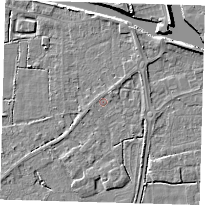 Shaded relief map of the ground around PE217EW, computed from Environment Agency LiDAR. The ground here sits at about 3 m above sea level and falls 7 m across the surrounding 800 m. Surface water reaching this point runs off ground lying to the north-east, 1.4 m higher.