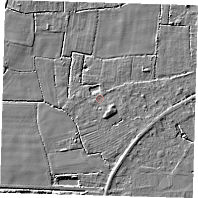 Shaded relief map of the ground around PE217EX, computed from Environment Agency LiDAR. The ground here sits at about 2 m above sea level and falls 4 m across the surrounding 800 m. Surface water reaching this point runs off ground lying to the south-east, 2.3 m higher.
