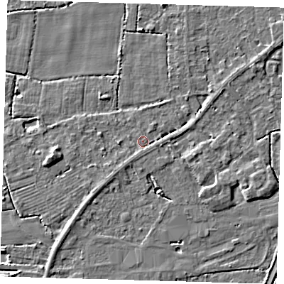 Shaded relief map of the ground around PE217EZ, computed from Environment Agency LiDAR. The ground here sits at about 3 m above sea level and falls 4 m across the surrounding 800 m. Surface water reaching this point runs off ground lying to the east-north-east, 2.0 m higher.