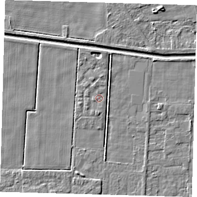 Shaded relief map of the ground around PE217FB, computed from Environment Agency LiDAR. The ground here sits at about 2 m above sea level and falls 4 m across the surrounding 800 m. Surface water reaching this point runs off ground lying to the south, 1.0 m higher.