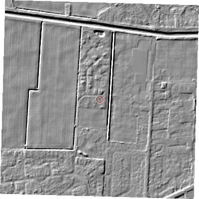 Shaded relief map of the ground around PE217FD, computed from Environment Agency LiDAR. The ground here sits at about 2 m above sea level and falls 4 m across the surrounding 800 m. Surface water reaching this point runs off ground lying to the north-north-east, 0.8 m higher.