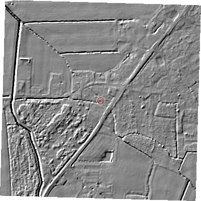 Shaded relief map of the ground around PE217FE, computed from Environment Agency LiDAR. The ground here sits at about 3 m above sea level and falls 4 m across the surrounding 800 m. Surface water reaching this point runs off ground lying to the north-east, 1.4 m higher.
