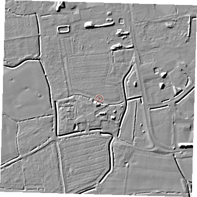 Shaded relief map of the ground around PE217FF, computed from Environment Agency LiDAR. The ground here sits at about 3 m above sea level and falls 8 m across the surrounding 800 m. Surface water reaching this point runs off ground lying to the south, 3.2 m higher.
