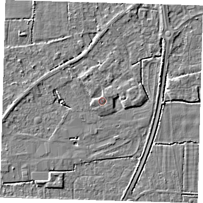 Shaded relief map of the ground around PE217FG, computed from Environment Agency LiDAR. The ground here sits at about 4 m above sea level and falls 4 m across the surrounding 800 m. Surface water reaching this point runs off ground lying to the west, 0.8 m higher.