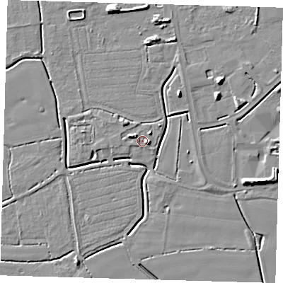 Shaded relief map of the ground around PE217FJ, computed from Environment Agency LiDAR. The ground here sits at about 3 m above sea level and falls 8 m across the surrounding 800 m. Surface water reaching this point runs off ground lying to the east, 2.7 m higher.