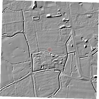Shaded relief map of the ground around PE217FN, computed from Environment Agency LiDAR. The ground here sits at about 3 m above sea level and falls 8 m across the surrounding 800 m. Surface water reaching this point runs off ground lying to the south-south-east, 3.3 m higher.