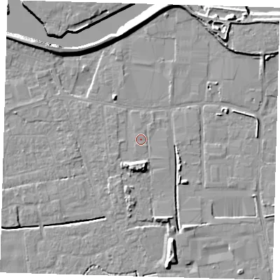 Shaded relief map of the ground around PE217FP, computed from Environment Agency LiDAR. The ground here sits at about 3 m above sea level and falls 9 m across the surrounding 800 m. Surface water reaching this point runs off ground lying to the south-south-east, 2.3 m higher.