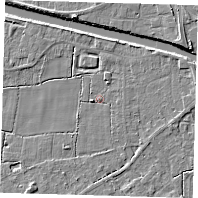 Shaded relief map of the ground around PE217FR, computed from Environment Agency LiDAR. The ground here sits at about 3 m above sea level and falls 6 m across the surrounding 800 m. Surface water reaching this point runs off ground lying to the west-south-west, 3.1 m higher.