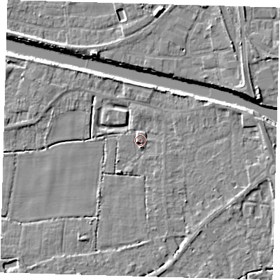 Shaded relief map of the ground around PE217FS, computed from Environment Agency LiDAR. The ground here sits at about 3 m above sea level and falls 7 m across the surrounding 800 m. Surface water reaching this point runs off ground lying to the east, 2.8 m higher.
