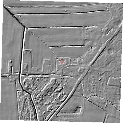 Shaded relief map of the ground around PE217FW, computed from Environment Agency LiDAR. The ground here sits at about 3 m above sea level and falls 4 m across the surrounding 800 m. Surface water reaching this point runs off ground lying to the south-east, 1.0 m higher.