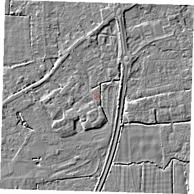 Shaded relief map of the ground around PE217GE, computed from Environment Agency LiDAR. The ground here sits at about 3 m above sea level and falls 4 m across the surrounding 800 m. Surface water reaching this point runs off ground lying to the south-south-west, 1.8 m higher.