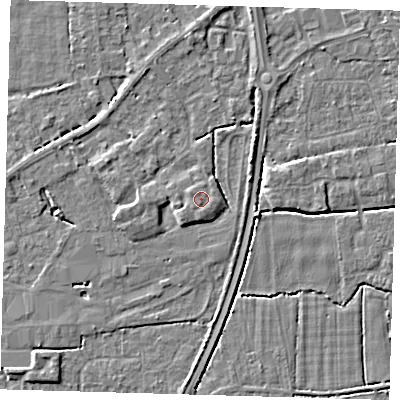 Shaded relief map of the ground around PE217GF, computed from Environment Agency LiDAR. The ground here sits at about 4 m above sea level and falls 4 m across the surrounding 800 m. Surface water reaching this point runs off ground lying to the south-west, 0.9 m higher.