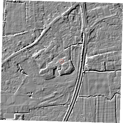 Shaded relief map of the ground around PE217GQ, computed from Environment Agency LiDAR. The ground here sits at about 4 m above sea level and falls 4 m across the surrounding 800 m. Surface water reaching this point runs off ground lying to the south, 1.7 m higher.