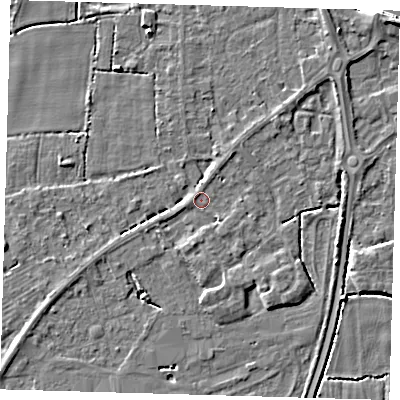 Shaded relief map of the ground around PE217HB, computed from Environment Agency LiDAR. The ground here sits at about 3 m above sea level and falls 6 m across the surrounding 800 m. Surface water reaching this point runs off ground lying to the south, 1.8 m higher.