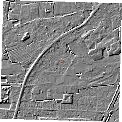 Shaded relief map of the ground around PE217HE, computed from Environment Agency LiDAR. The ground here sits at about 3 m above sea level and falls 4 m across the surrounding 800 m. Surface water reaching this point runs off ground lying to the south, 1.8 m higher.