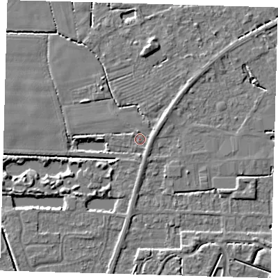 Shaded relief map of the ground around PE217HG, computed from Environment Agency LiDAR. The ground here sits at about 3 m above sea level and falls 4 m across the surrounding 800 m. Surface water reaching this point runs off ground lying to the east-north-east, 1.3 m higher.