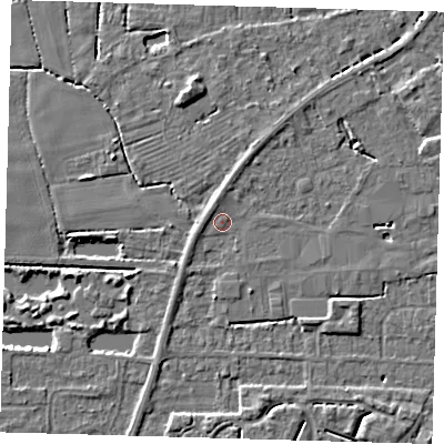 Shaded relief map of the ground around PE217HJ, computed from Environment Agency LiDAR. The ground here sits at about 3 m above sea level and falls 4 m across the surrounding 800 m. Surface water reaching this point runs off ground lying to the north-north-west, 1.3 m higher.