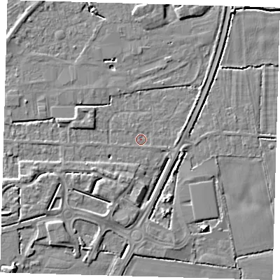 Shaded relief map of the ground around PE217HP, computed from Environment Agency LiDAR. The ground here sits at about 3 m above sea level and falls 6 m across the surrounding 800 m. Surface water reaching this point runs off ground lying to the south-south-west, 3.6 m higher.