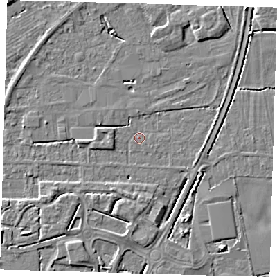 Shaded relief map of the ground around PE217HR, computed from Environment Agency LiDAR. The ground here sits at about 3 m above sea level and falls 6 m across the surrounding 800 m. Surface water reaching this point runs off ground lying to the south, 3.6 m higher.