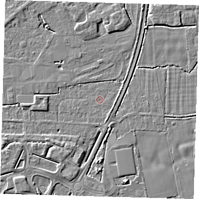 Shaded relief map of the ground around PE217HS, computed from Environment Agency LiDAR. The ground here sits at about 3 m above sea level and falls 5 m across the surrounding 800 m. Surface water reaching this point runs off ground lying to the south-west, 3.6 m higher.