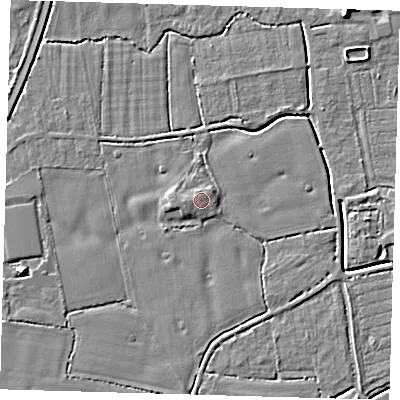 Shaded relief map of the ground around PE217HT, computed from Environment Agency LiDAR. The ground here sits at about 4 m above sea level and falls 7 m across the surrounding 800 m. Surface water reaching this point runs off ground lying to the west, 1.2 m higher.