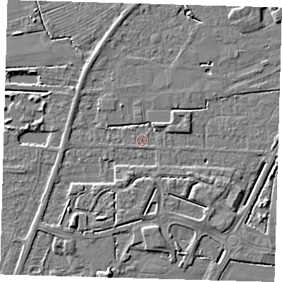 Shaded relief map of the ground around PE217HW, computed from Environment Agency LiDAR. The ground here sits at about 3 m above sea level and falls 5 m across the surrounding 800 m. Surface water reaching this point runs off ground lying to the south-south-west, 2.1 m higher.