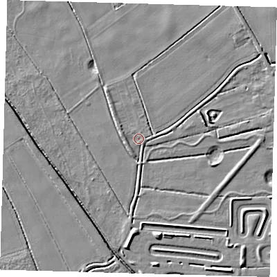 Shaded relief map of the ground around PE217JA, computed from Environment Agency LiDAR. The ground here sits at about 2 m above sea level and falls 5 m across the surrounding 800 m. Surface water reaching this point runs off ground lying to the west-north-west, 1.3 m higher.
