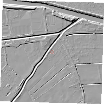 Shaded relief map of the ground around PE217JB, computed from Environment Agency LiDAR. The ground here sits at about 2 m above sea level and falls 9 m across the surrounding 800 m. Surface water reaching this point runs off ground lying to the north-west, 0.7 m higher.