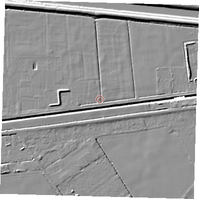 Shaded relief map of the ground around PE217JD, computed from Environment Agency LiDAR. The ground here sits at about 2 m above sea level and falls 7 m across the surrounding 800 m. Surface water reaching this point runs off ground lying to the west-south-west, 1.4 m higher.