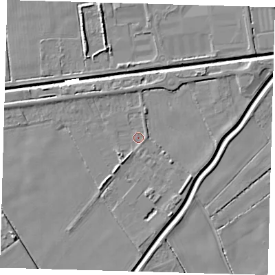 Shaded relief map of the ground around PE217JF, computed from Environment Agency LiDAR. The ground here sits at about 2 m above sea level and falls 5 m across the surrounding 800 m. Surface water reaching this point runs off ground lying to the south-south-west, 2.2 m higher.