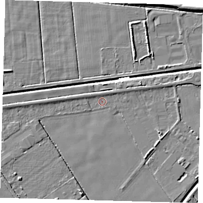 Shaded relief map of the ground around PE217JG, computed from Environment Agency LiDAR. The ground here sits at about 2 m above sea level and falls 6 m across the surrounding 800 m. Surface water reaching this point runs off ground lying to the north-north-east, 1.3 m higher.