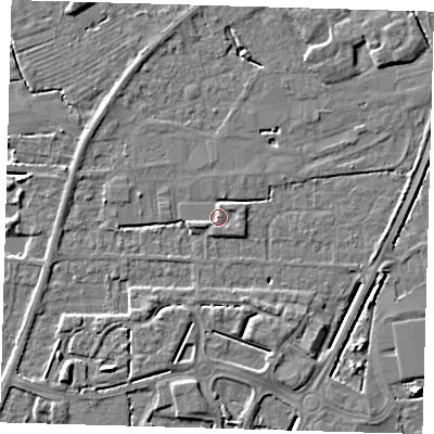 Shaded relief map of the ground around PE217JH, computed from Environment Agency LiDAR. The ground here sits at about 3 m above sea level and falls 6 m across the surrounding 800 m. Surface water reaching this point runs off ground lying to the east-south-east, 0.9 m higher.
