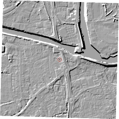 Shaded relief map of the ground around PE217JJ, computed from Environment Agency LiDAR. The ground here sits at about 3 m above sea level and falls 8 m across the surrounding 800 m. Surface water reaching this point runs off ground lying to the north-east, 1.9 m higher.