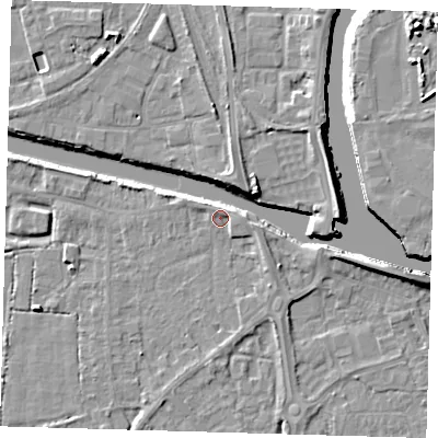 Shaded relief map of the ground around PE217JL, computed from Environment Agency LiDAR. The ground here sits at about 3 m above sea level and falls 10 m across the surrounding 800 m. Surface water reaching this point runs off ground lying to the east, 1.4 m higher.