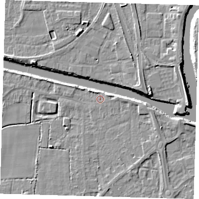 Shaded relief map of the ground around PE217JN, computed from Environment Agency LiDAR. The ground here sits at about 3 m above sea level and falls 7 m across the surrounding 800 m. Surface water reaching this point runs off ground lying to the east, 1.4 m higher.
